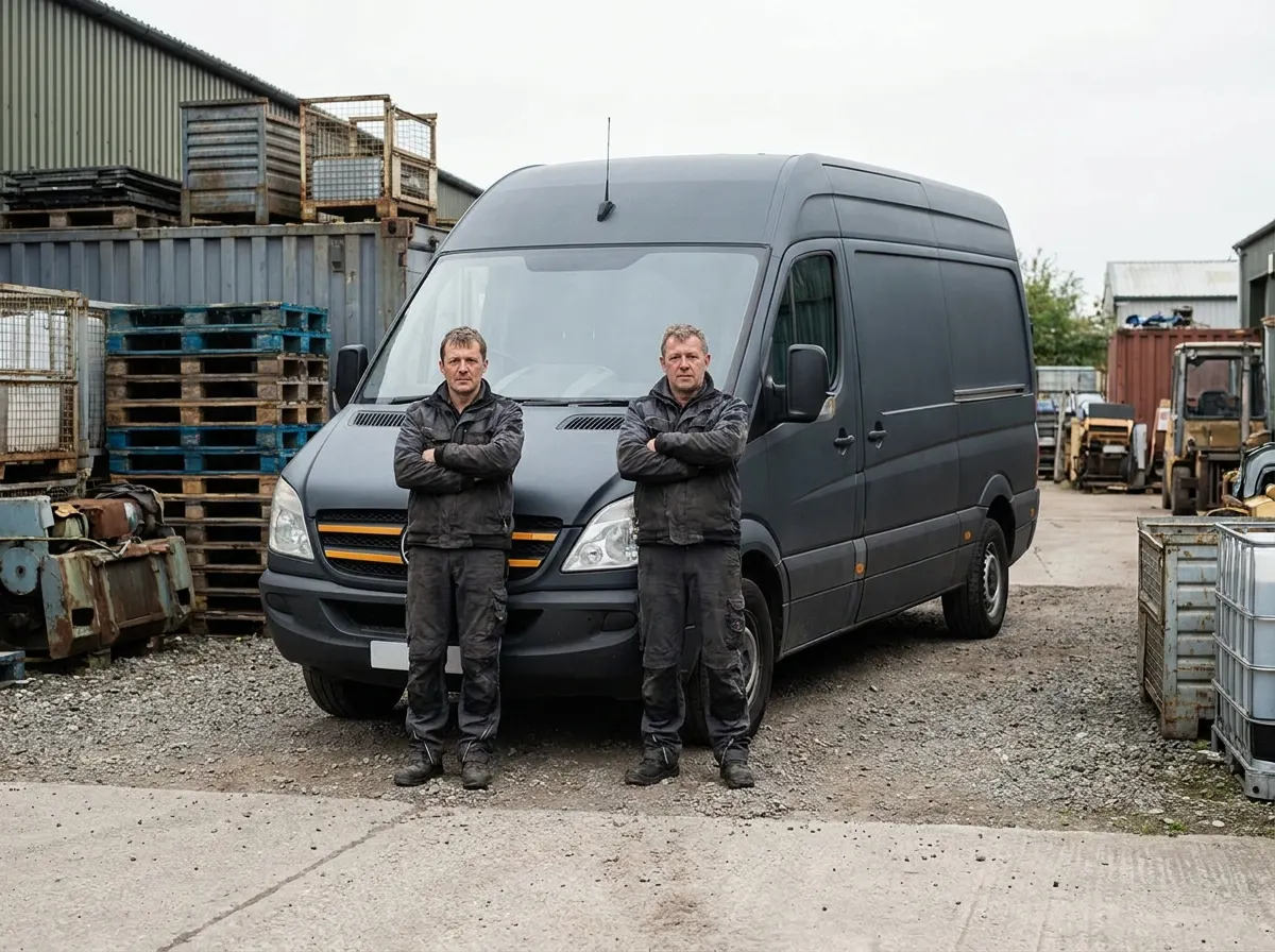 Handwerker-Team vor dem Firmenwagen