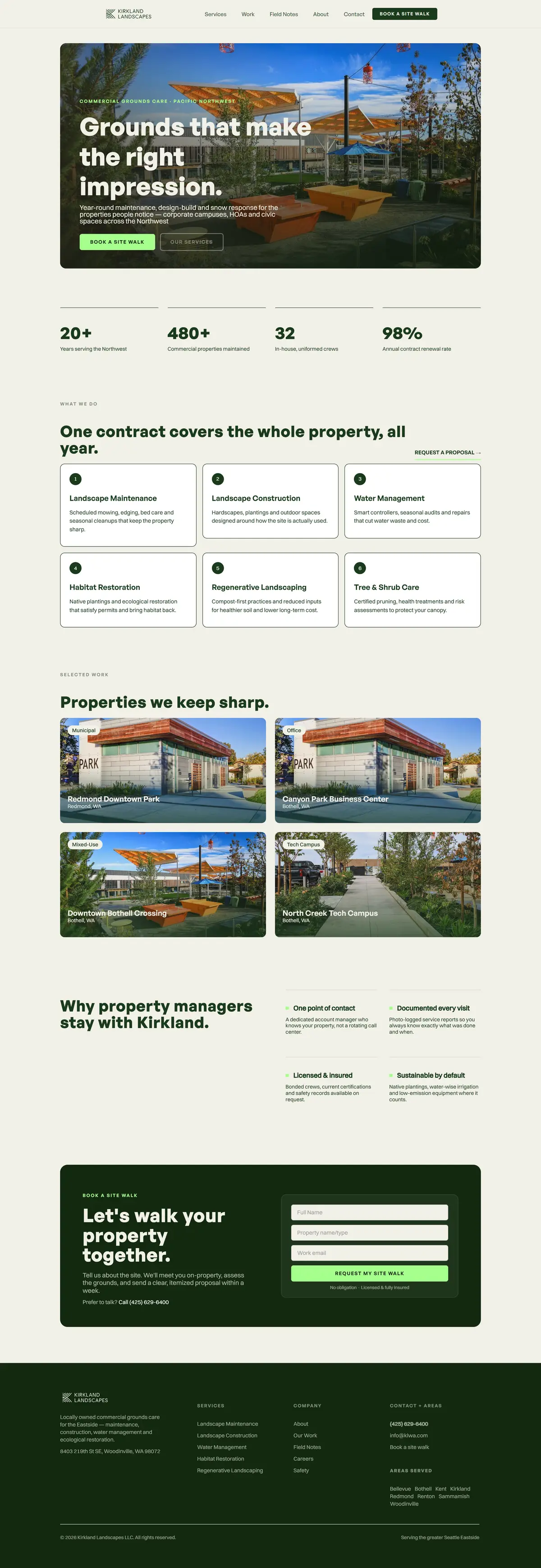 Startseite des neuen Auftritts von Kirkland Landscapes