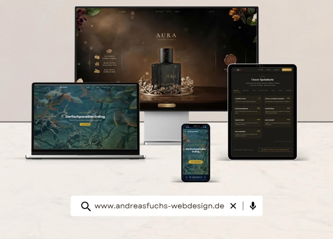 Websites von Andreas Fuchs auf Monitor, Laptop, Tablet und Smartphone — darunter die Kundenwebsite zierfischparadies-erding.de
